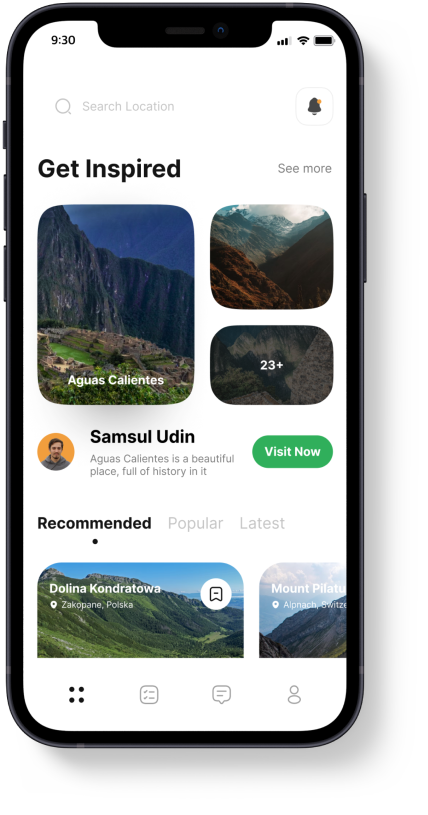 Mobile app interface showing features